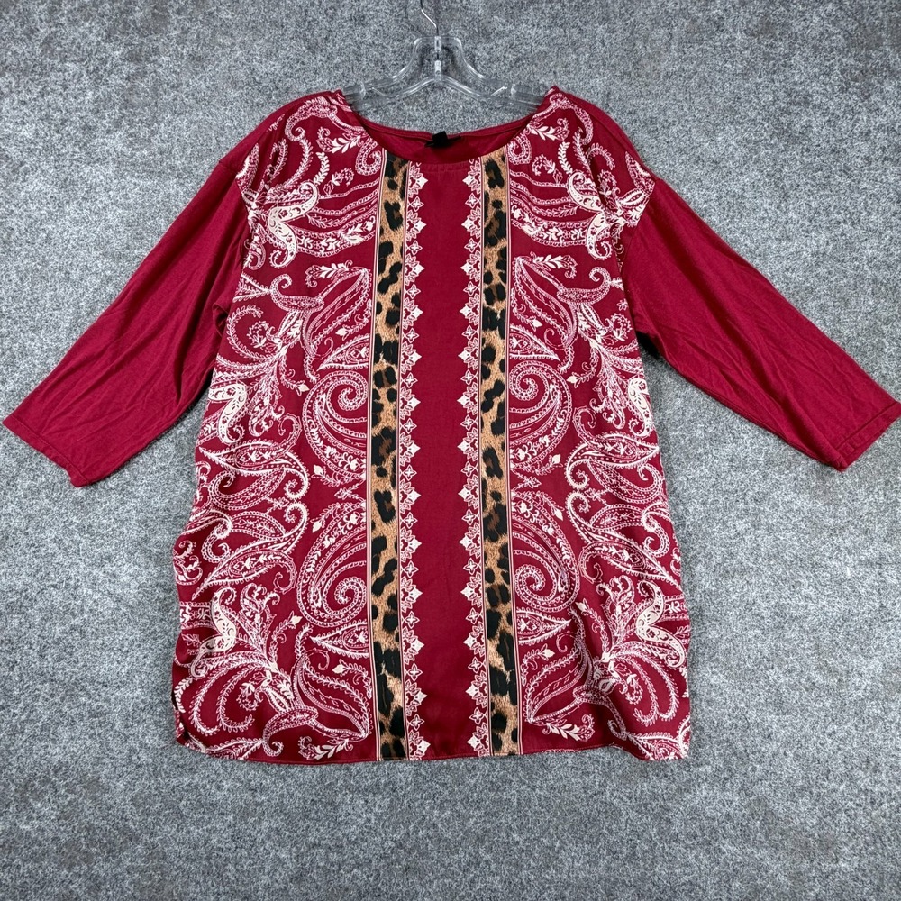 JM Collection Blouse Womens L Red‎ Paisley 3/4 Sleeve Classic Comfort Boat Neck